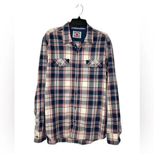 Flag & Anthem Desert Son Button Down Plaid Shirt Sz L Blue Red Western Rodeo EUC